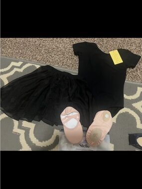 NWT Black Dance Leotard with Black Tulle Skirt and Pink Ballet Shoes